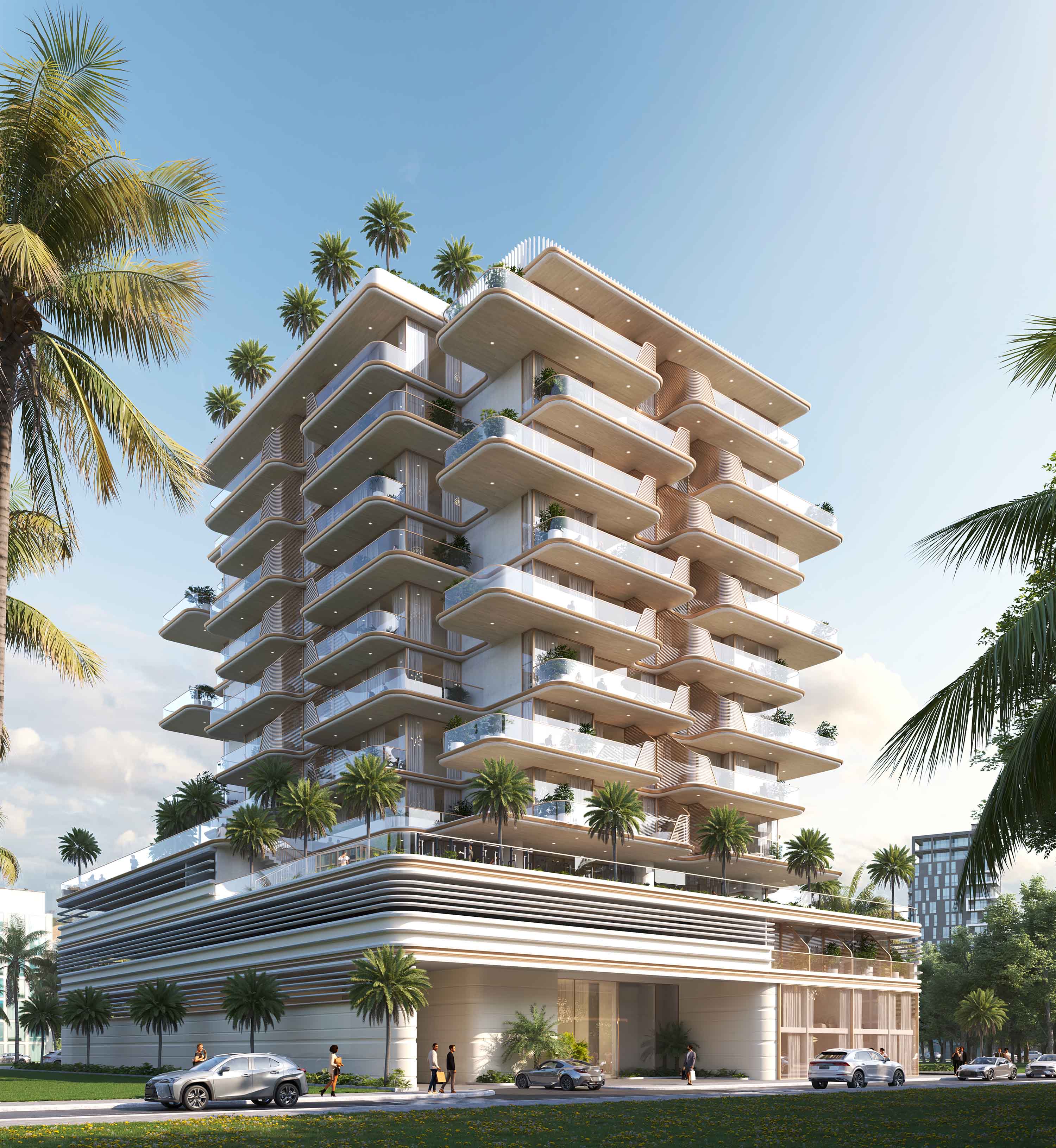 Sunset Bay By Imtiaz A modern, multi-story building with balconies and palm trees, set against a clear blue sky.
